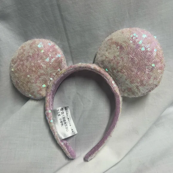 Disney Parks Sequin Headband Shimmery Mouse Ears White Light Pink Sequins - Picture 1 of 9